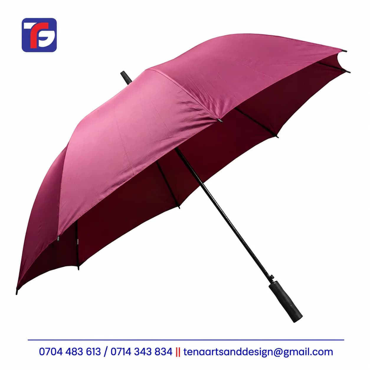 Branded UV folding umbrella Kenya model in maroon, shown open with a black shaft and handle
