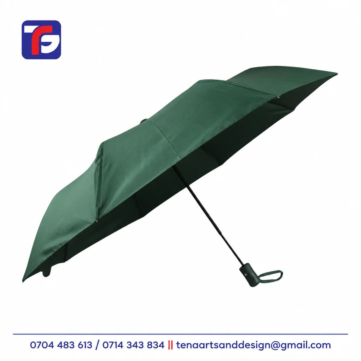 Dark green corporate travel umbrella shown open with a black shaft, short handle and wrist strap