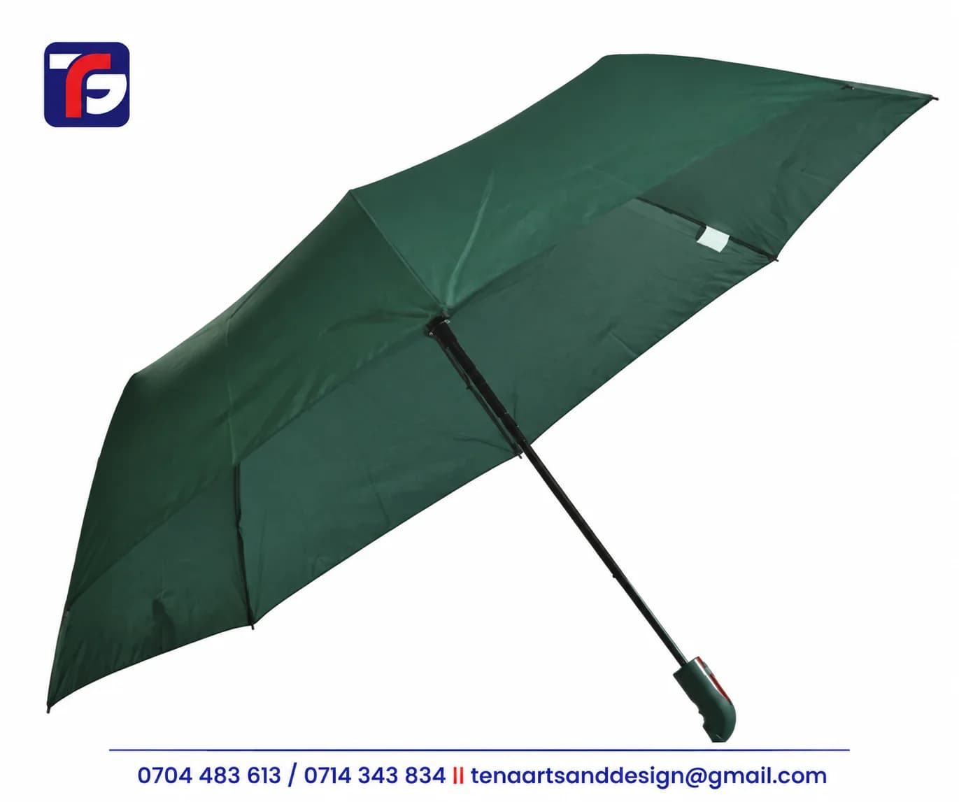 Dark green folding pocket umbrella shown open with a black shaft and matching handle, available for corporate logo printing
