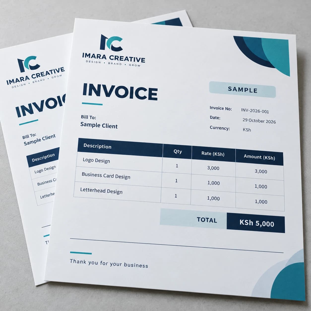 Branded invoice design sample showing business details, item columns and payment information