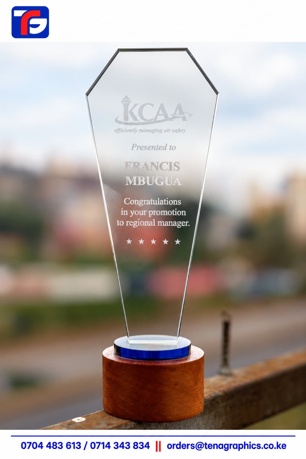 Long Glass Award with Round Wooden Base Kenya, custom engraved trophy by Tena Graphics