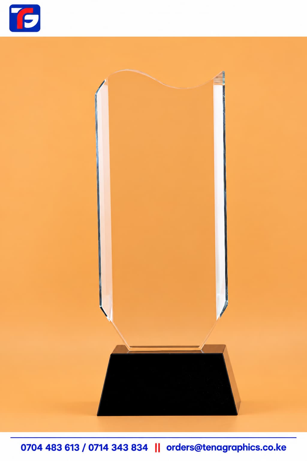 Long Glass Award with Wooden Base Kenya, custom engraved trophy by Tena Graphics