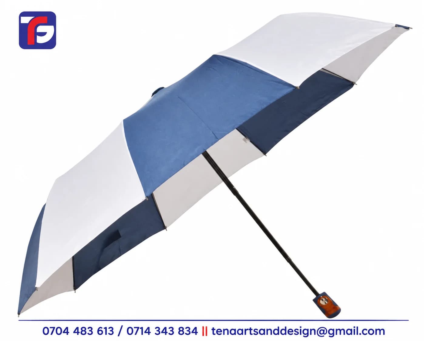 Navy blue and white 3 fold umbrella without lining shown open with a black shaft and short decorative handle