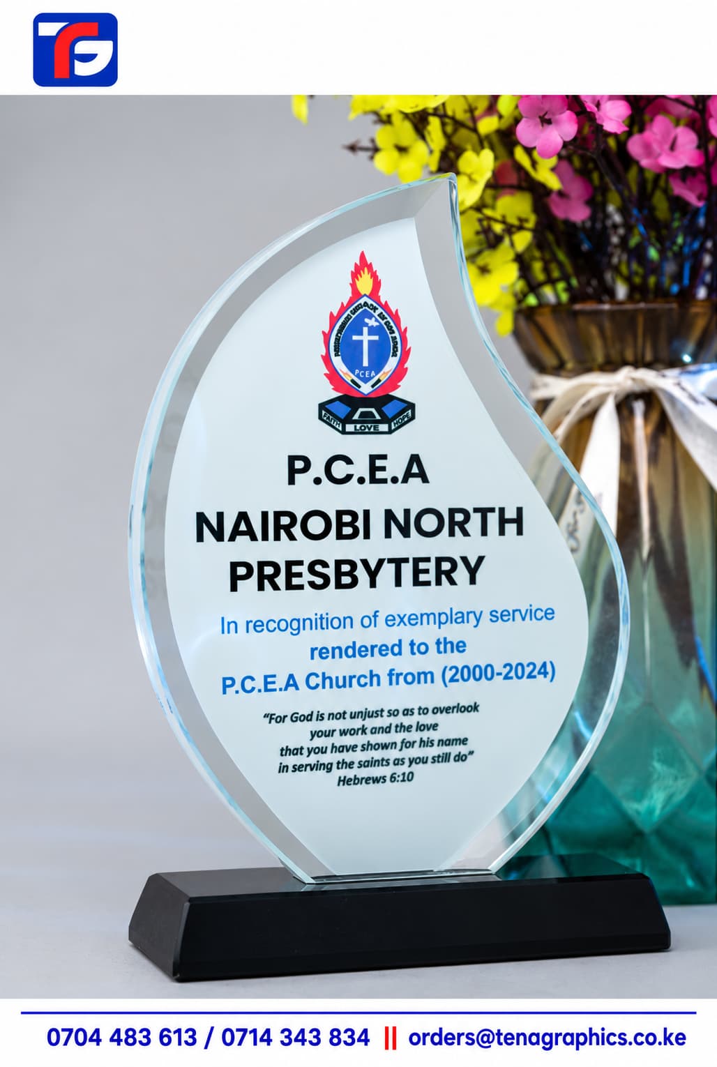 New Glass Rose Award Kenya, custom engraved trophy by Tena Graphics