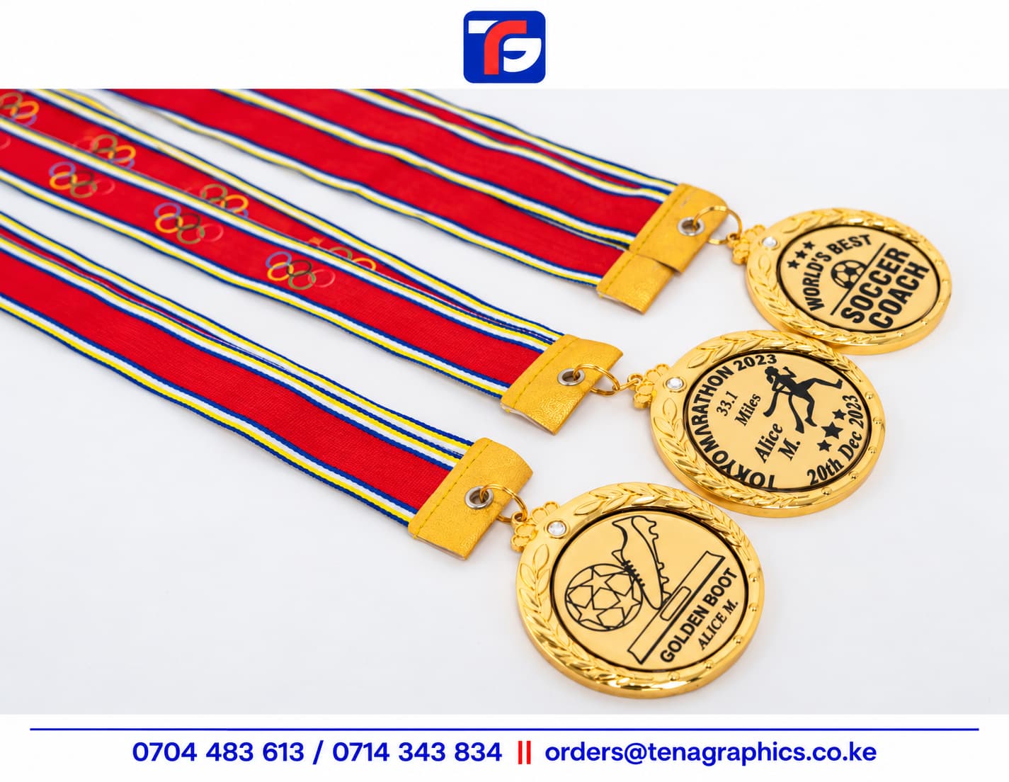Podium Award Medals in bronze, silver and gold with third, second and first place centres and striped neck ribbons.