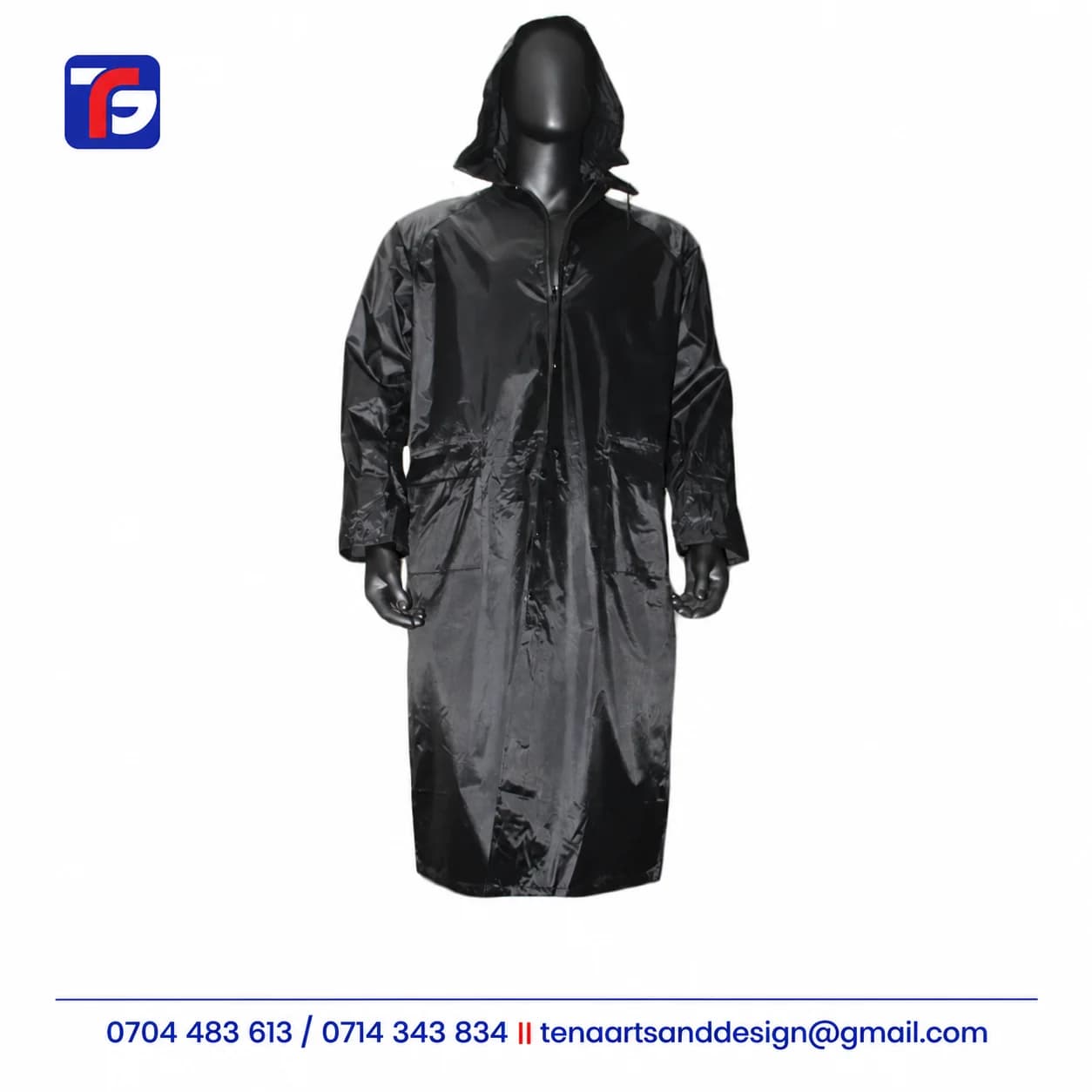 Front view of a Black long raincoat with a hood, full-length sleeves and two lower pockets on a black mannequin