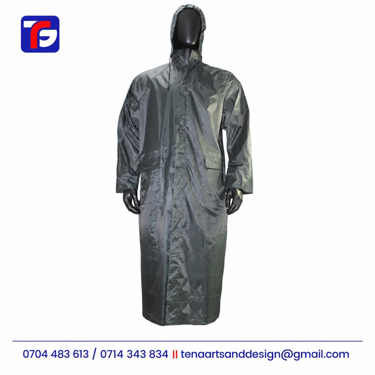 Grey long raincoat with a drawstring hood, front fastening flap and two lower flap pockets on a black mannequin