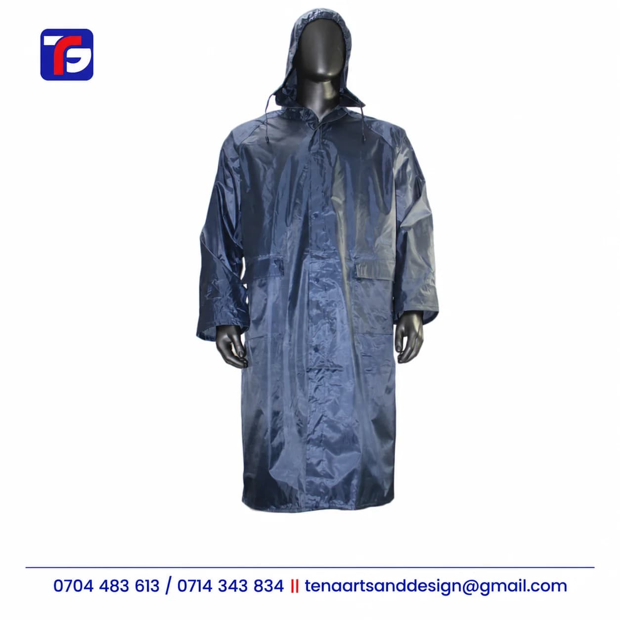 Navy blue long raincoat with a drawstring hood, front fastening flap and two lower flap pockets on a black mannequin