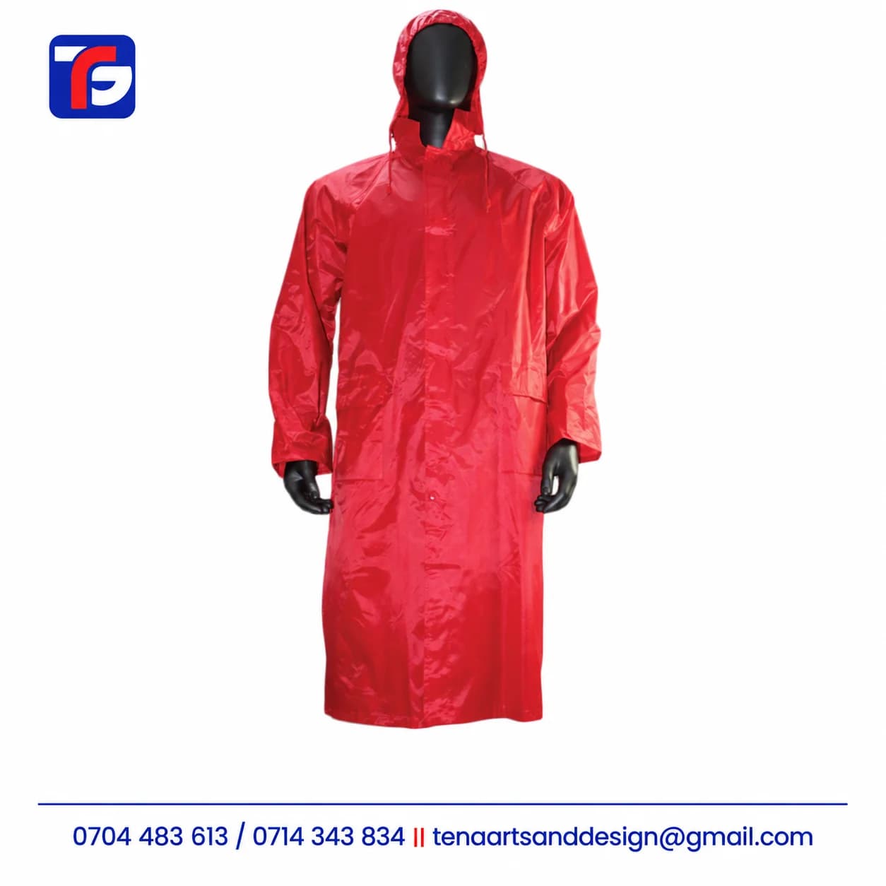 Red long raincoat with a drawstring hood, long sleeves, front fastening flap and two lower pockets on a black mannequin