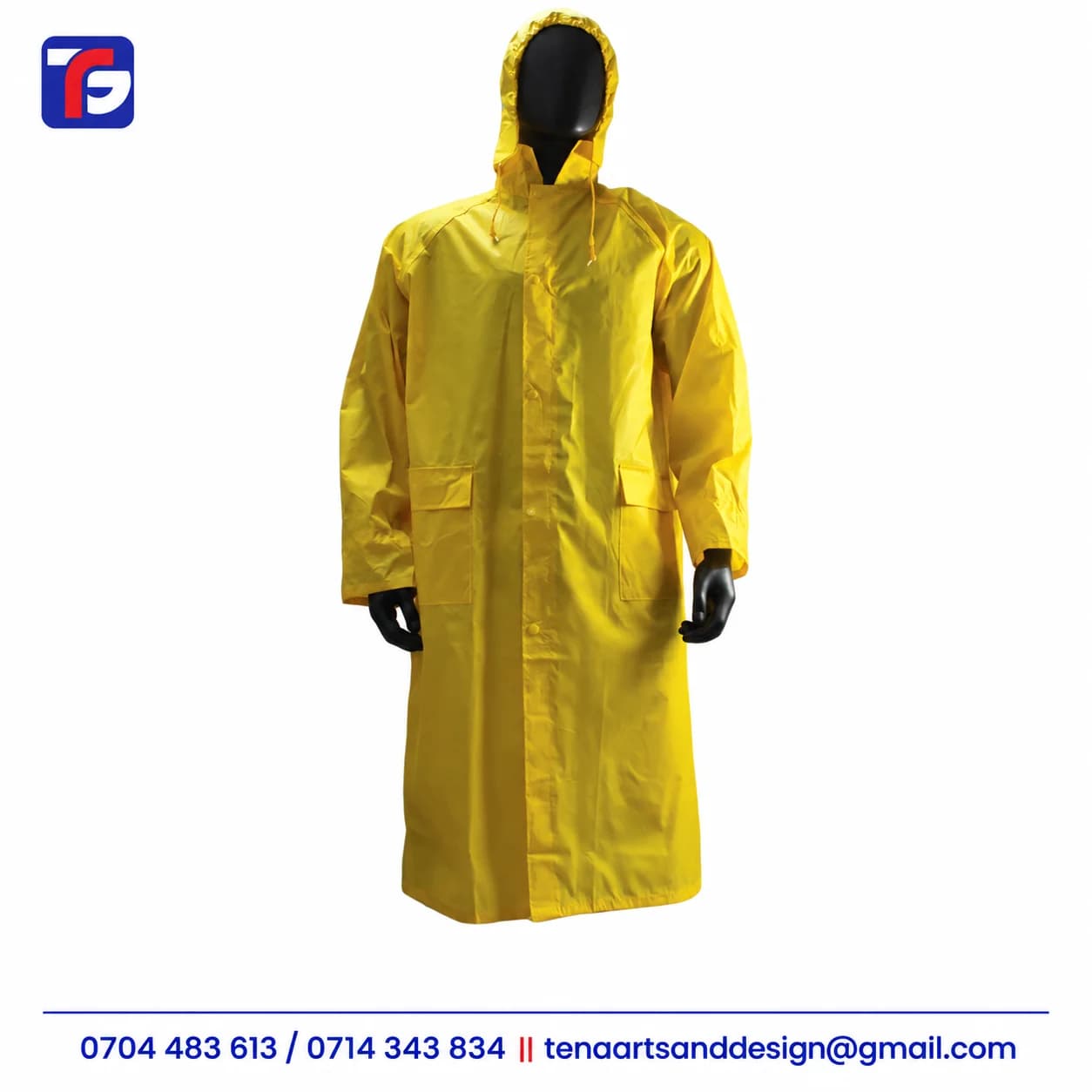 Front view of a Yellow long hooded raincoat with long sleeves, a press-stud fastening flap and two lower flap pockets