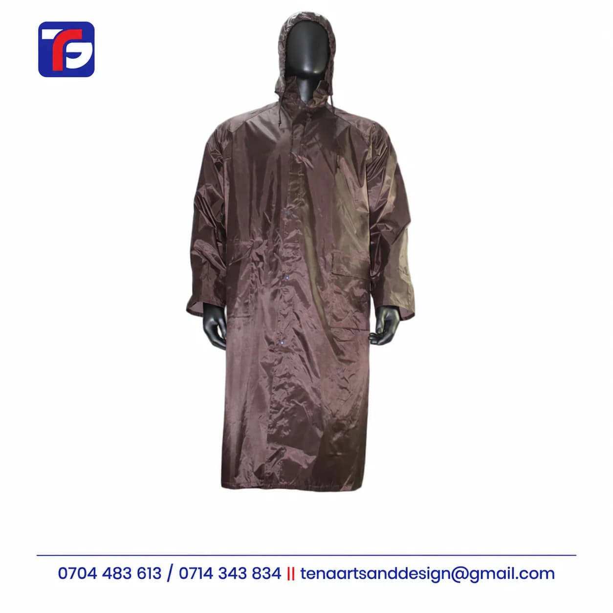 Brown raincoat Kenya product image showing a long hooded coat
