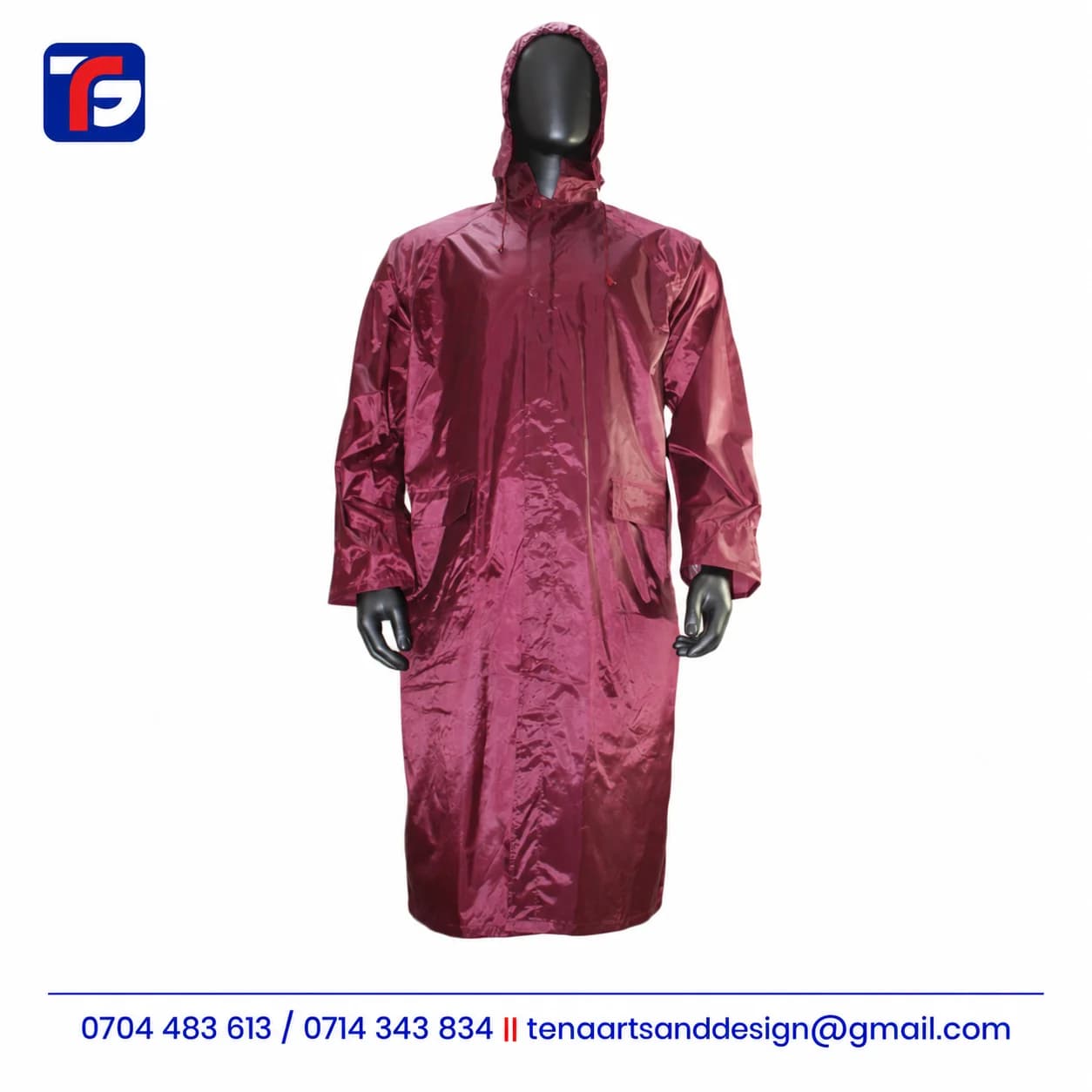 Maroon branded long raincoat Kenya with a hood and long sleeves