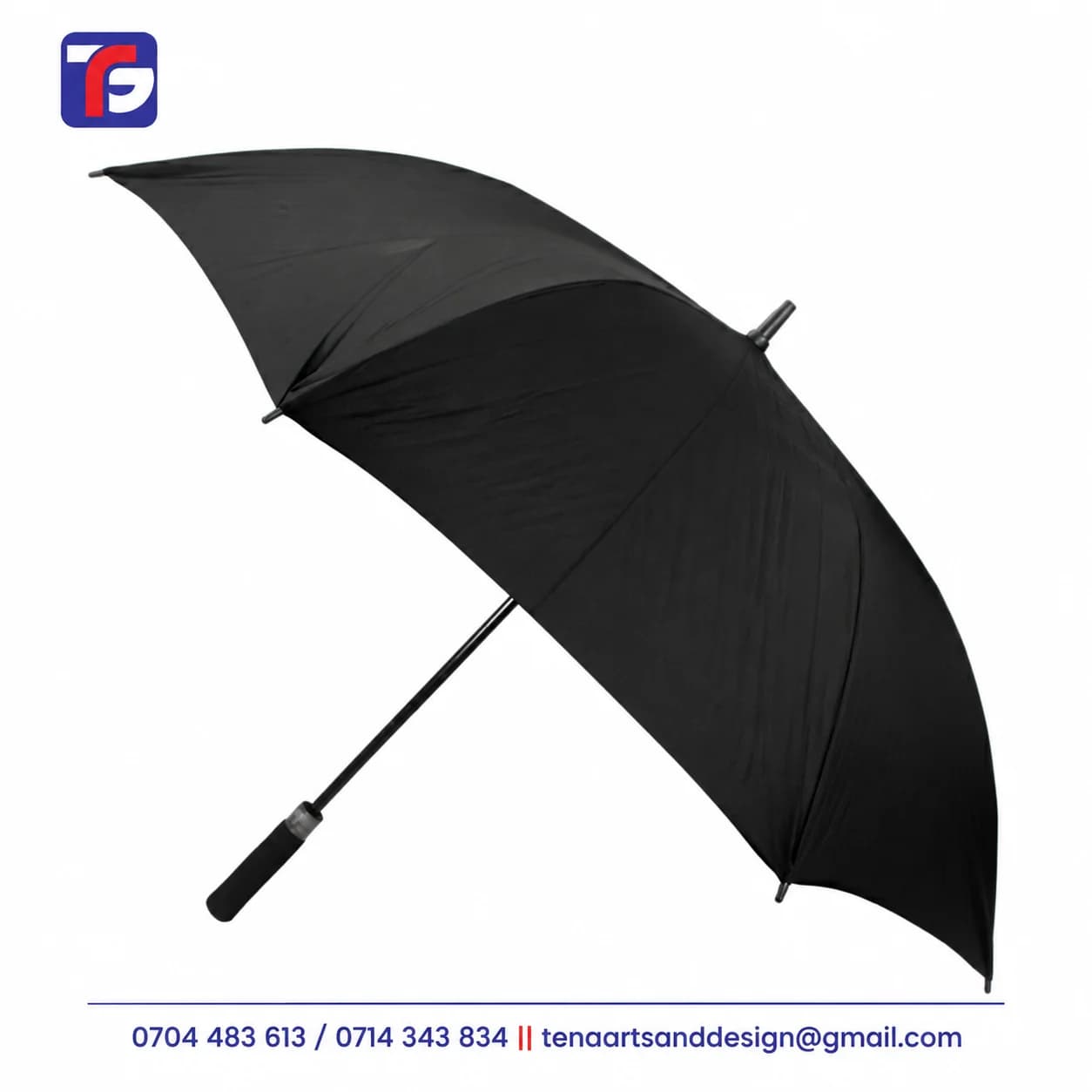 Open black classic stick umbrella with a straight shaft, black handle and silver-tone collar