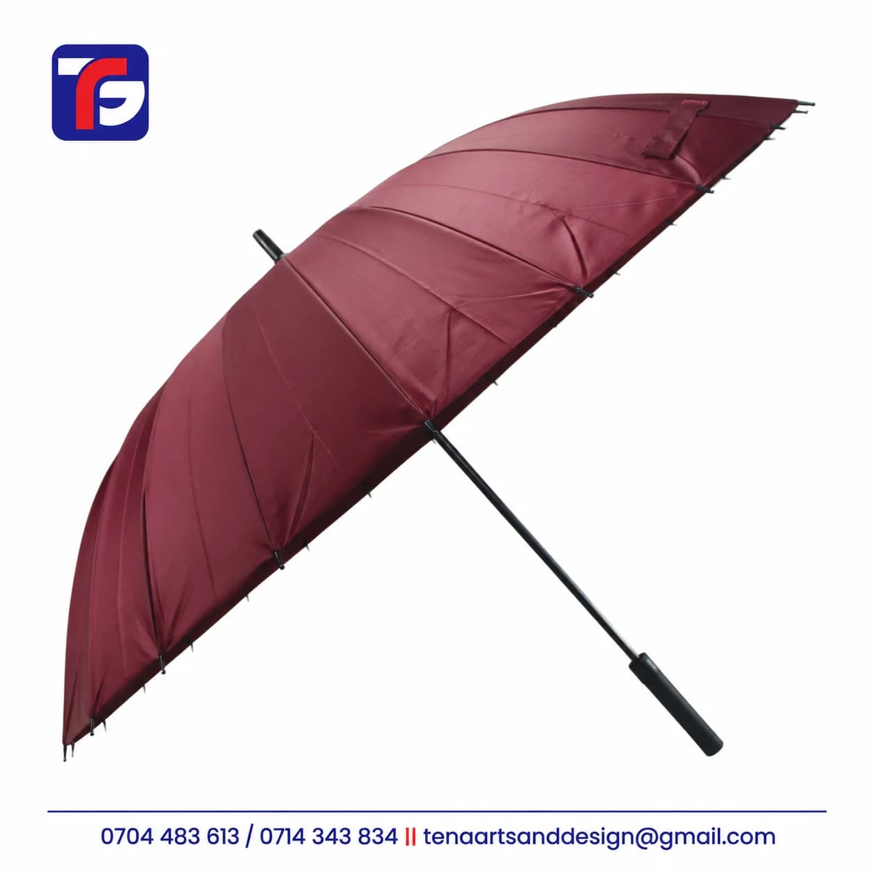 Maroon 16 panel executive umbrella shown open with a straight black shaft, black handle and canopy fastening strap