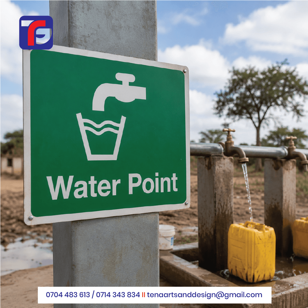 Green and white Water Point Sign Kenya with a tap and container symbol mounted beside water collection taps